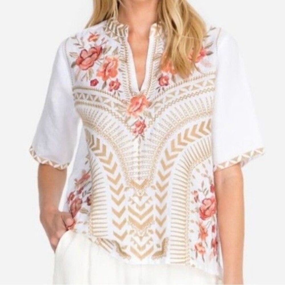 Johnny Was Rianne Easy V-Neck Top Women XS White Linen Embroidered J14919-D